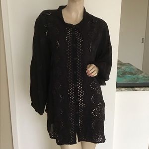 Johnny Was Black Boho Embroidered Eyelet Silky Cupro Button Down shirt Top 1X